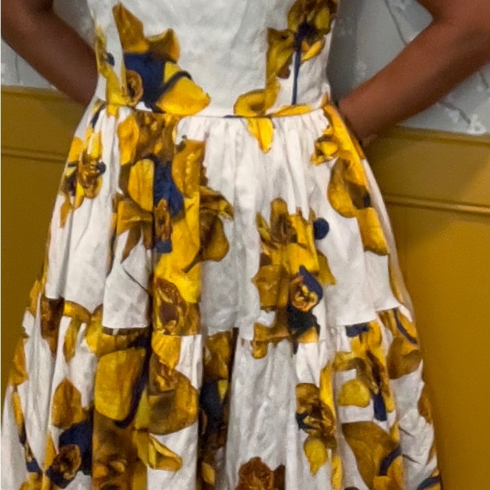Jason Wu Boat Neck, Cap Sleeve Midi Dress White w/ Yellow Abstract Floral Print - Picture 3 of 6